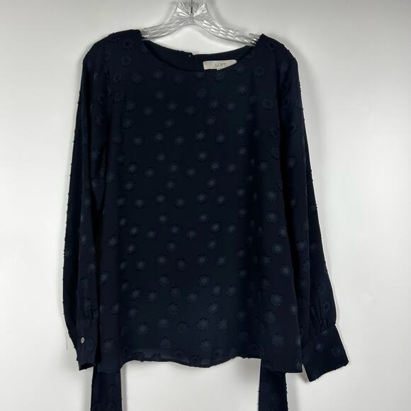 Loft Floral Swiss Dot Tie Blouse Light Weight Navy Blue Womens Size Small - Picture 3 of 11
